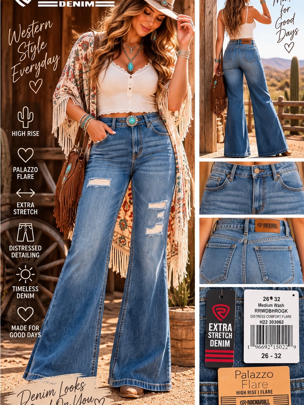 Rock & Roll Denim Palazzo Flare Distressed Jeans NWT | 26x32 MSRP 89.99